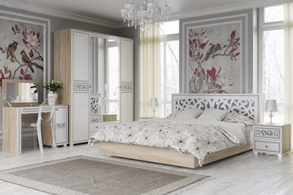 Кровать Мадлен с ортопедическим основанием МДФ/Дуб Сонома Светлый/Ясень Белый Эмаль (серебро)